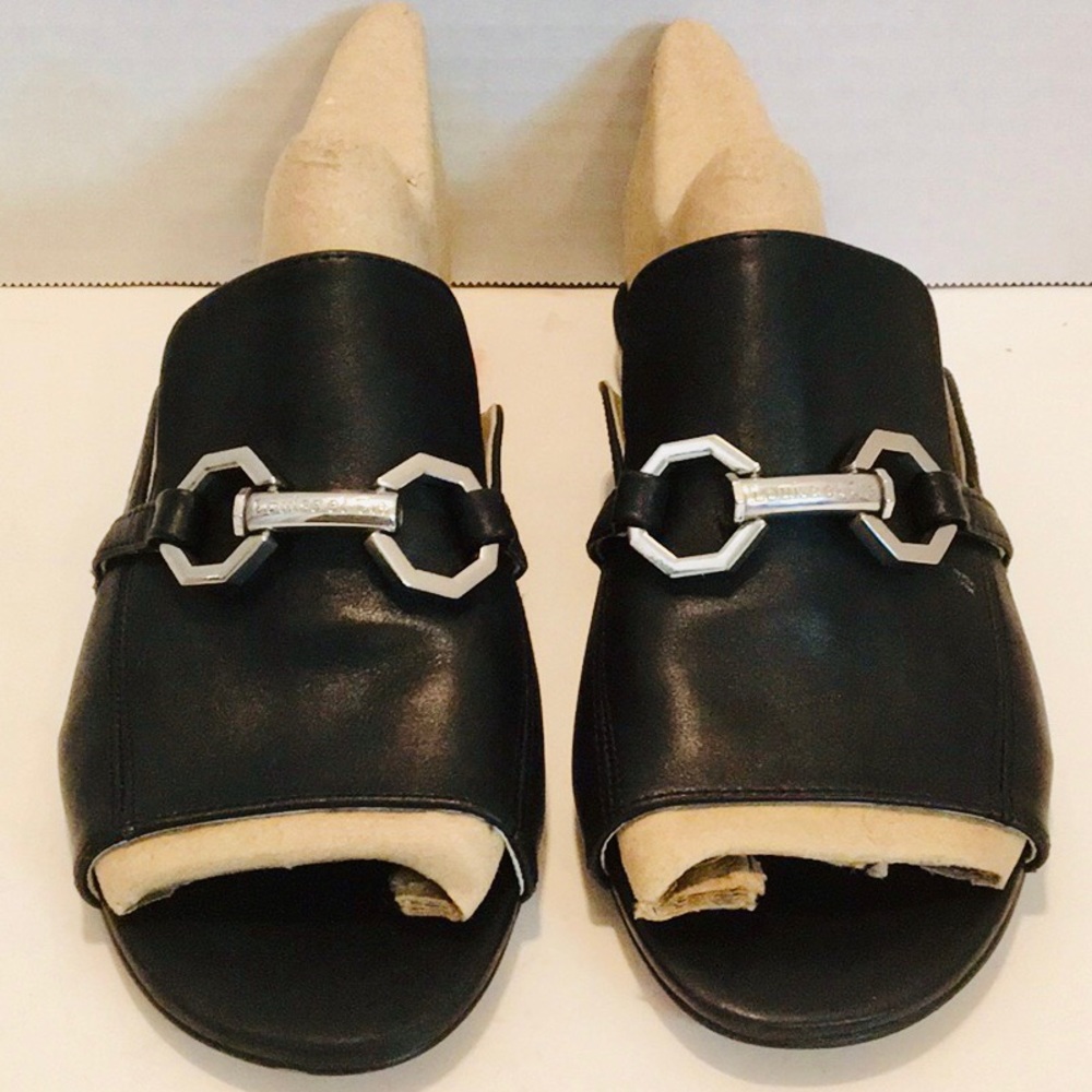 LOUISE et CIE Black Leather Slip On Open Toe Mule